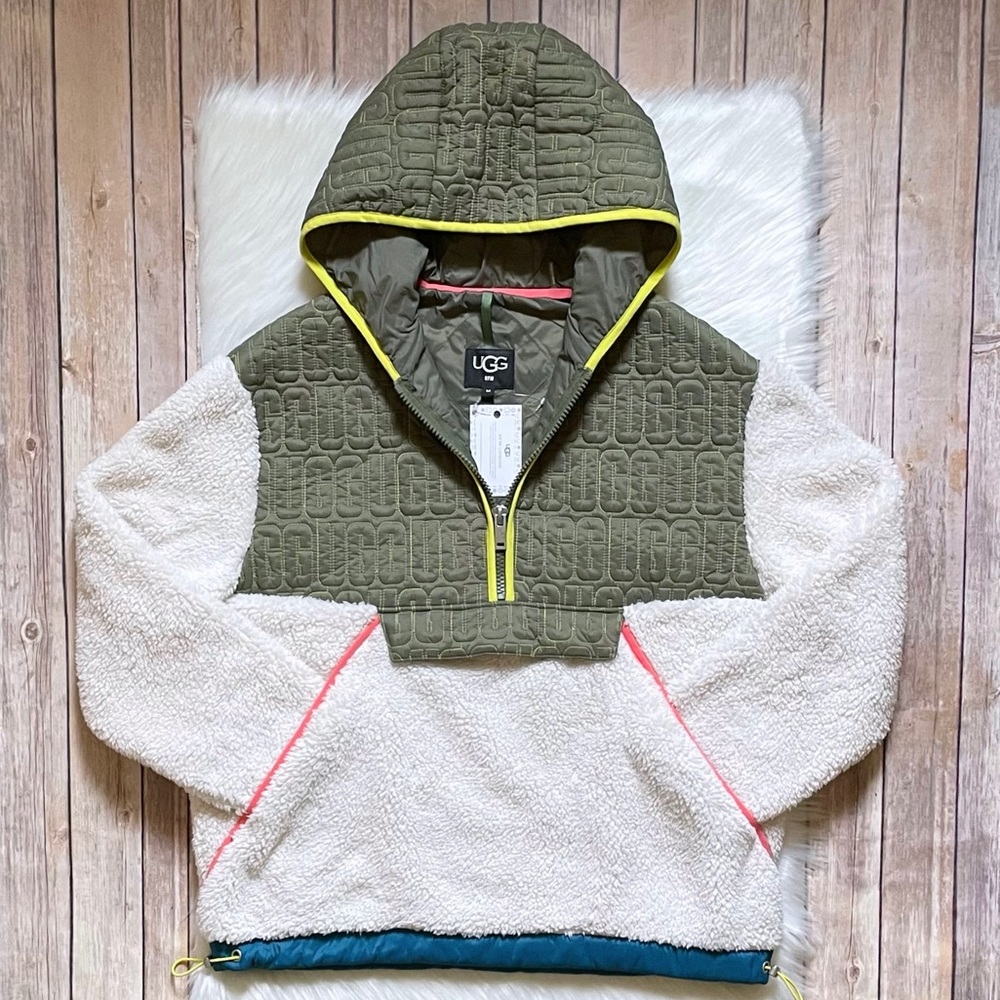UGG Two-Tone Olive Green Hooded Sherpa Pullover with Cream Panels
